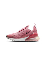 Womens Nike Air Max 270 sneakers in Elemental Pink with white and pink accents, stylish athletic footwear.
