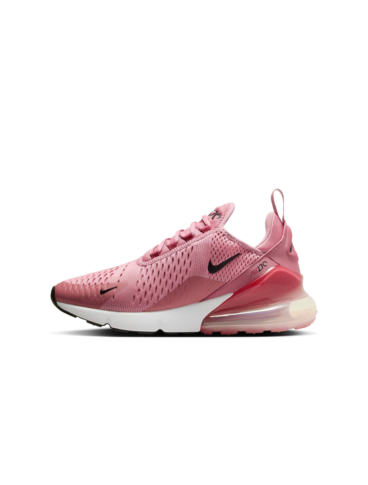 Womens Nike Air Max 270 sneakers in Elemental Pink with white and pink accents, stylish athletic footwear.
