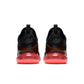 Men's Nike Air Max 270 footwear in black with Hot Punch accents, side view.