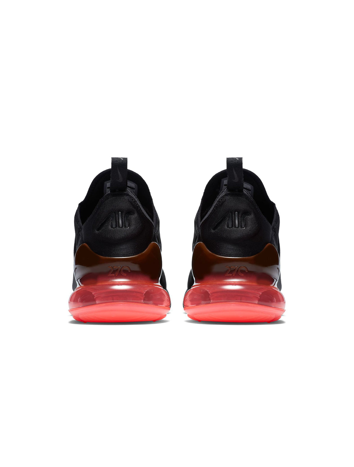 Men's Nike Air Max 270 footwear in black with Hot Punch accents, side view.