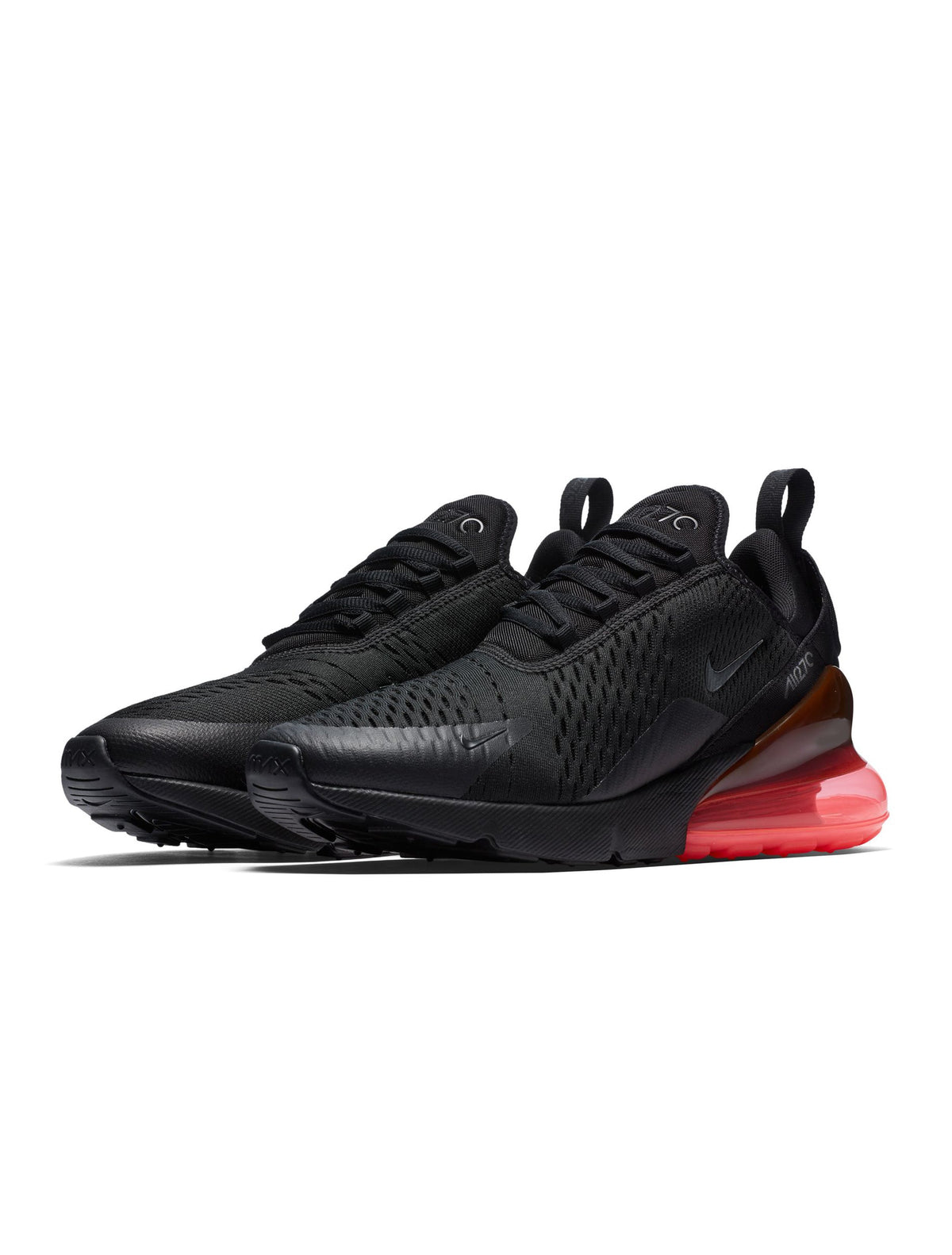 Nike men's Air Max 270 black and hot punch sneakers, side view