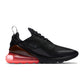 Nike men’s Air Max 270 black and hot punch sneakers, side view.