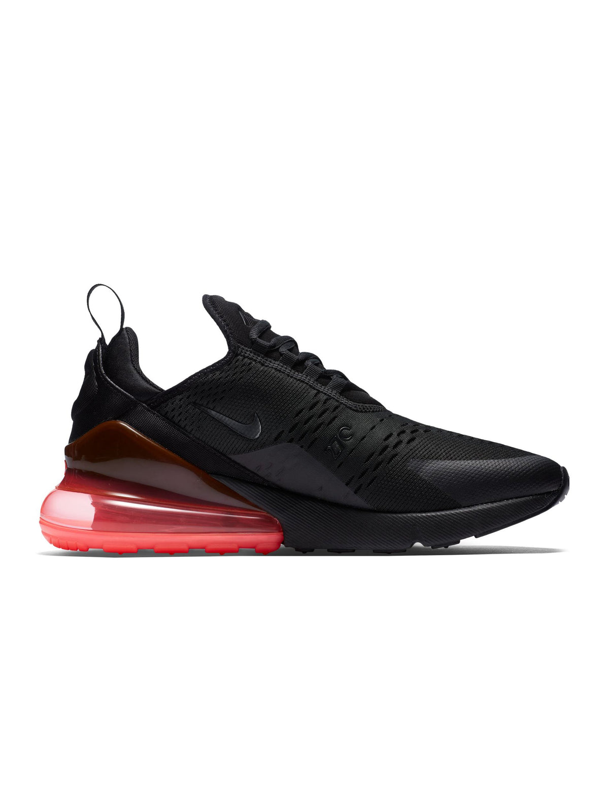 Nike men’s Air Max 270 black and hot punch sneakers, side view.