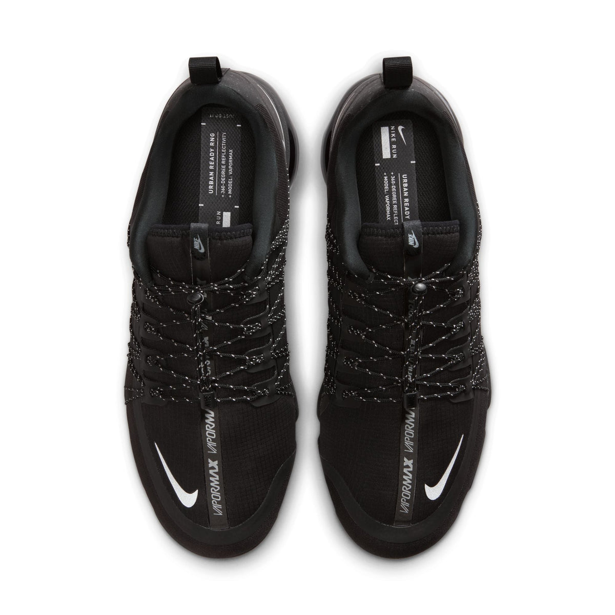 Nike men's Air Vapormax Run Utility sneakers in black with reflective silver accents, showcasing a sleek athletic design.