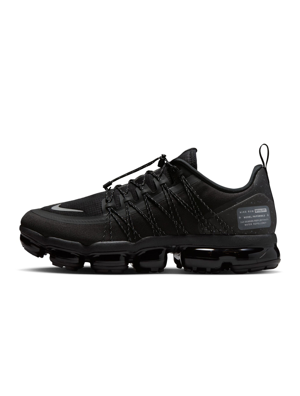 Nike men's Air Vapormax Run Utility sneakers in black with reflective silver accents, showcasing sporty footwear design.