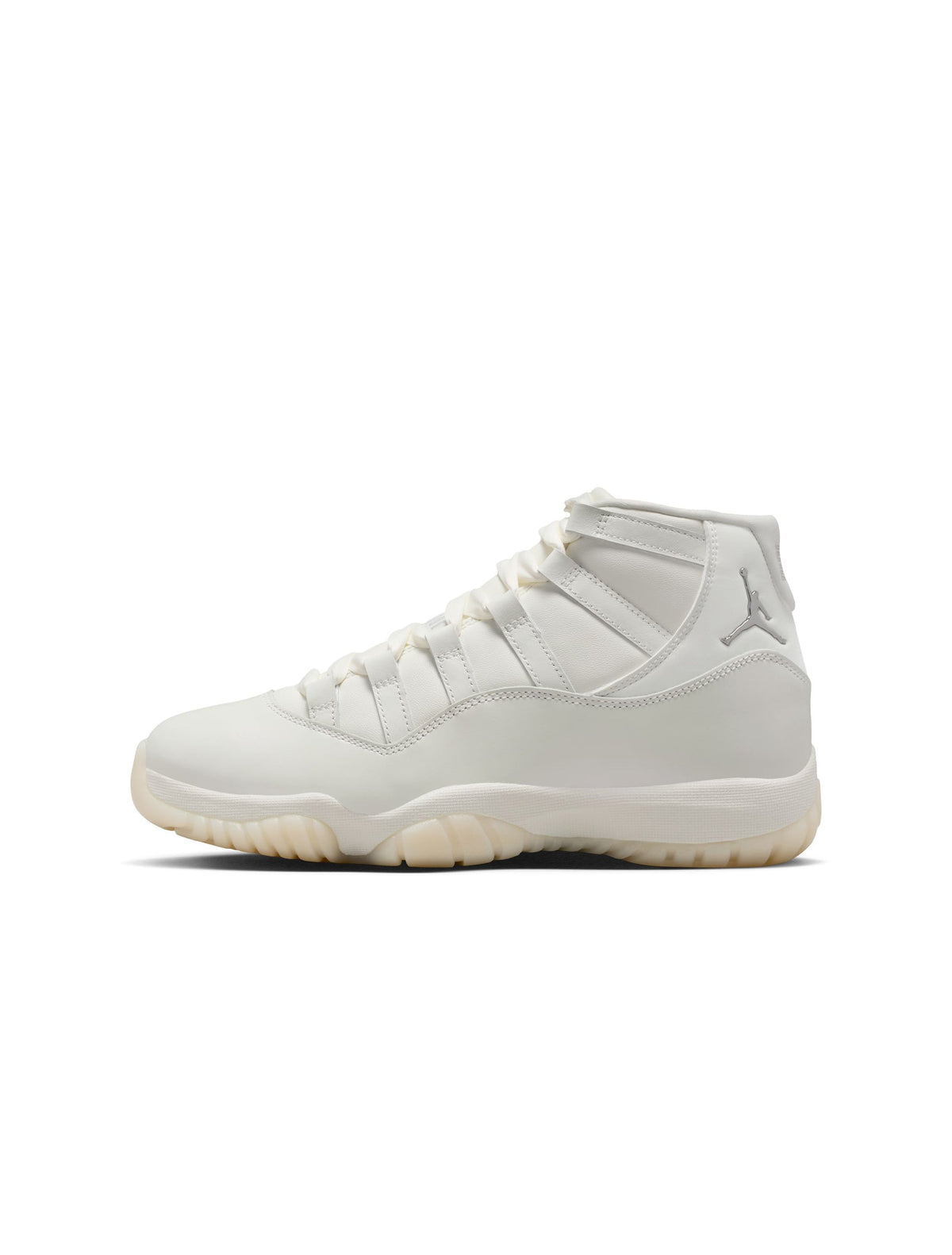 Women's Air Jordan 11 Retro Pearl sneakers featuring a sleek design and pearl accents, styled with white leather and patent finish.