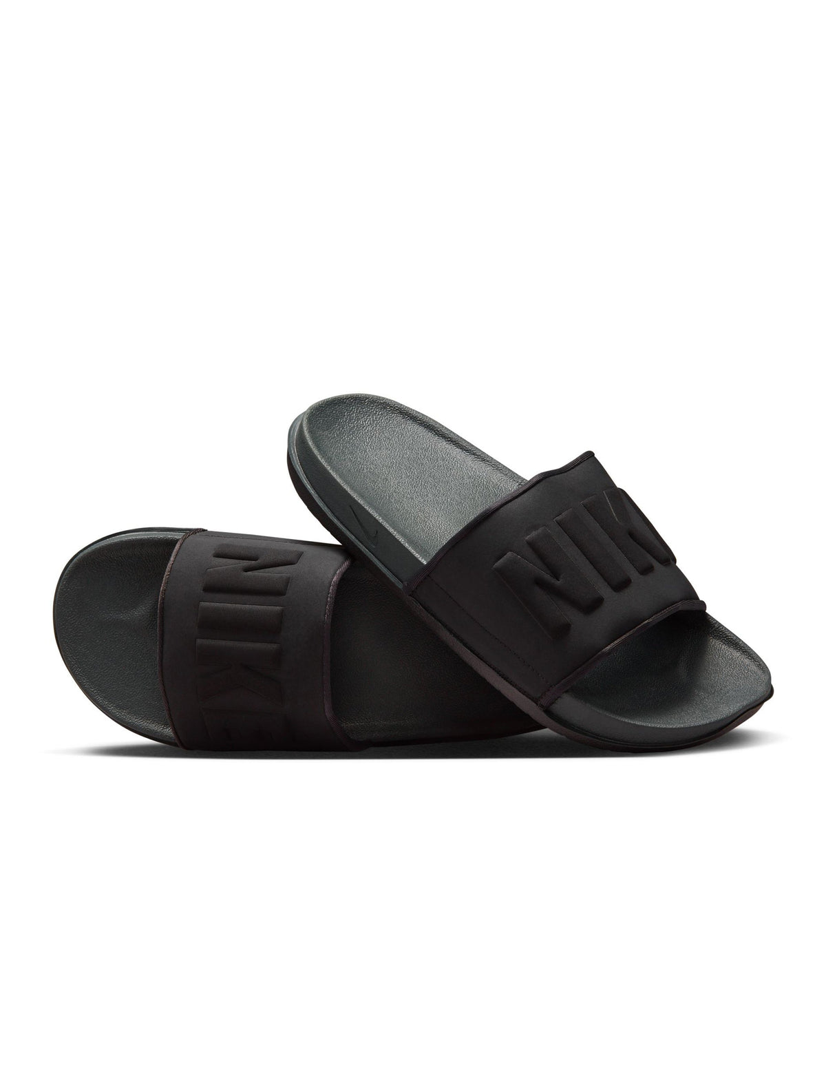 Nike men's Offcourt slide in anthracite, side view with cushioned strap and textured footbed