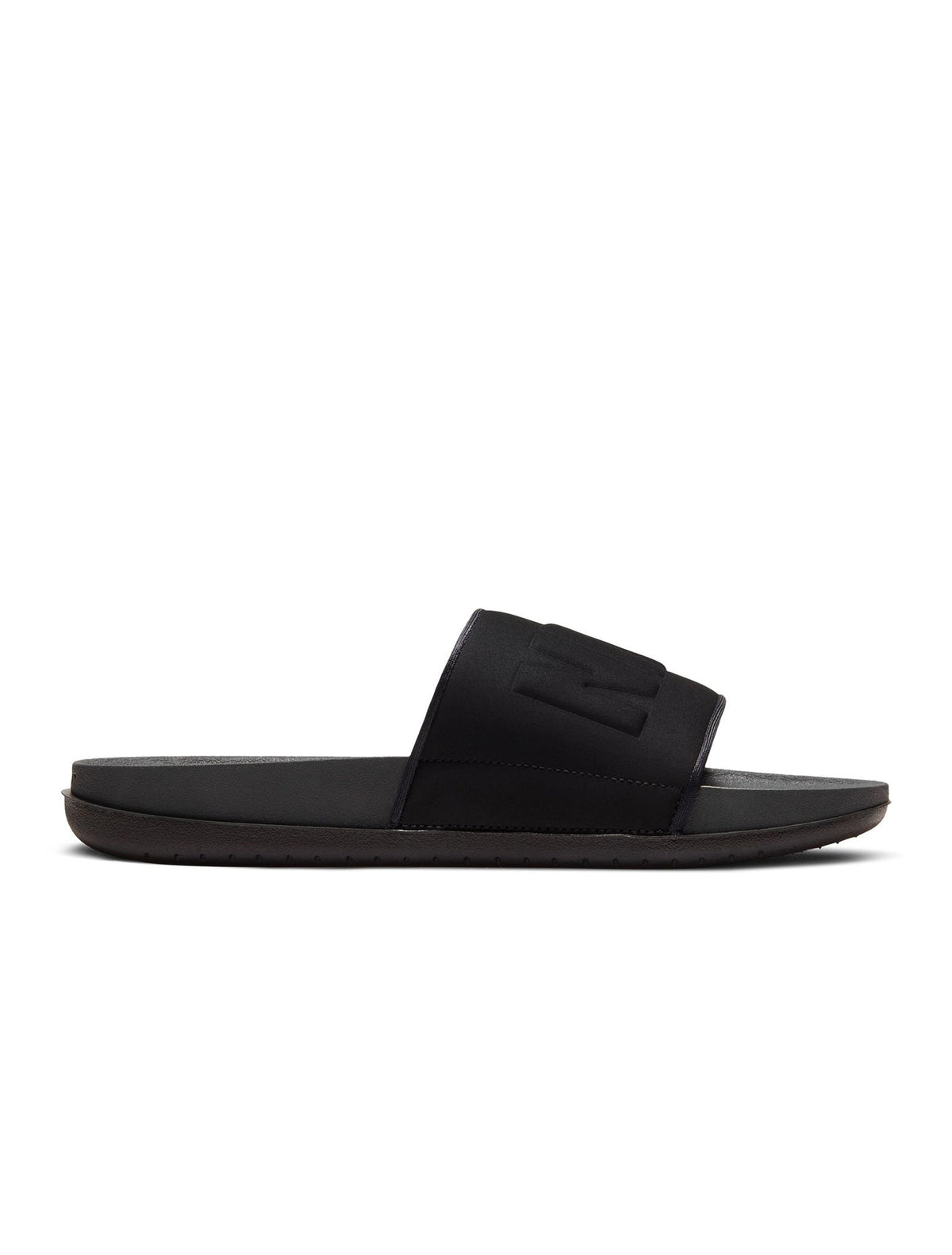 Nike men's Offcourt slide in anthracite, side view of lightweight slip-on footwear with cushioned sole