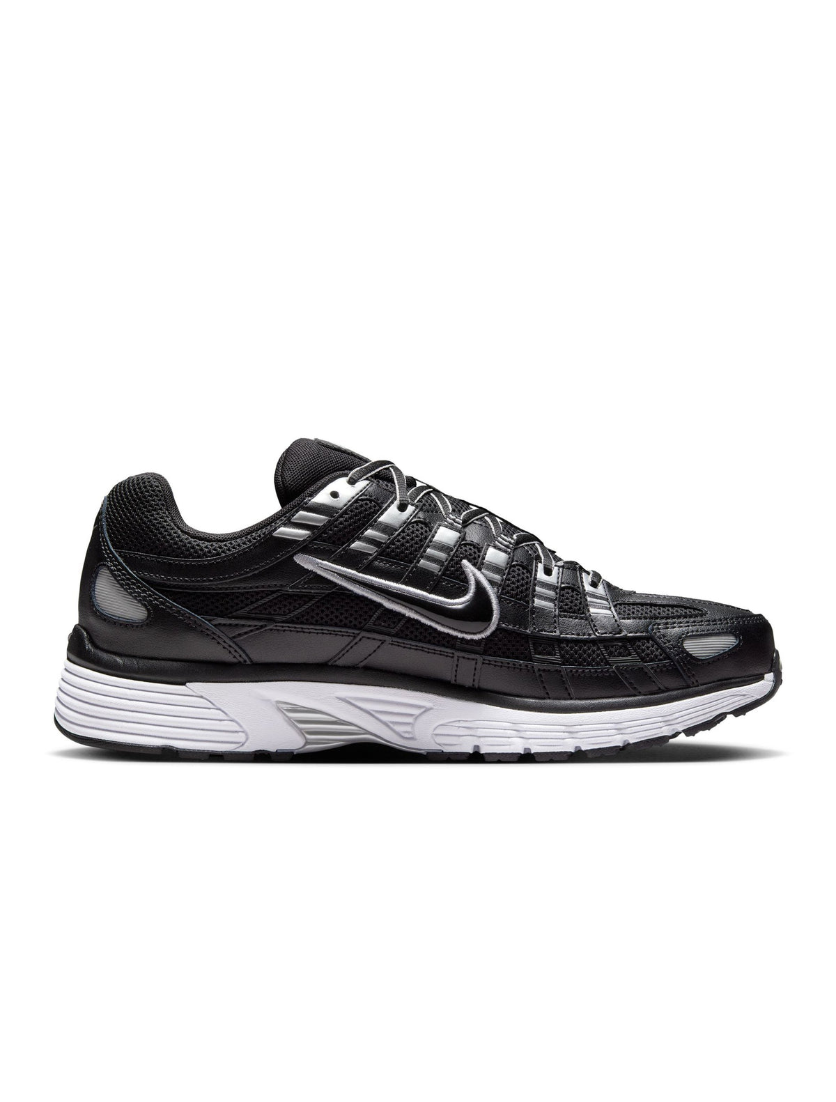 Nike men's P-6000 black sneakers by Denim Exchange, side view with layered mesh and leather panels