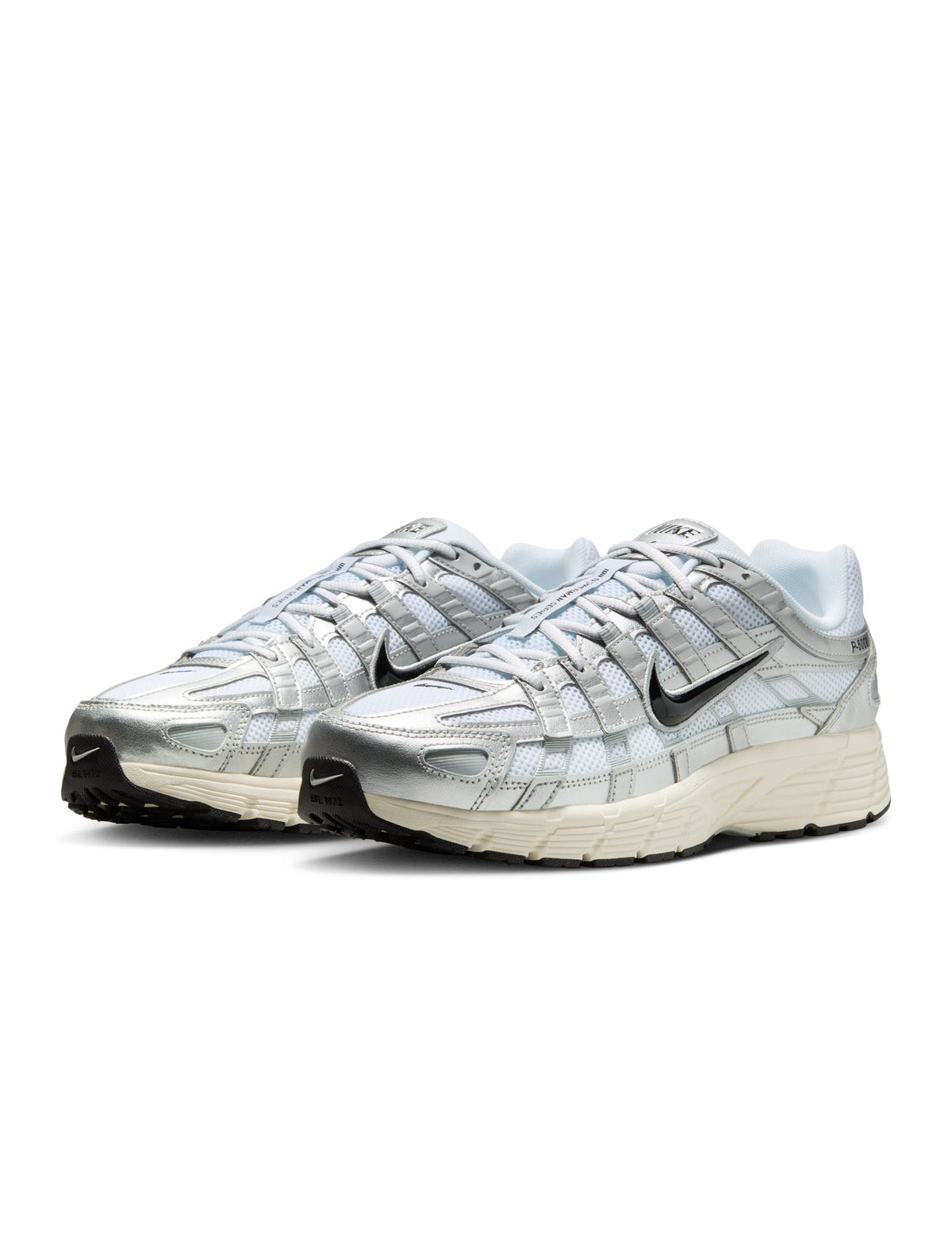 Nike men's P-6000 sneakers in white and metallic silver, side view