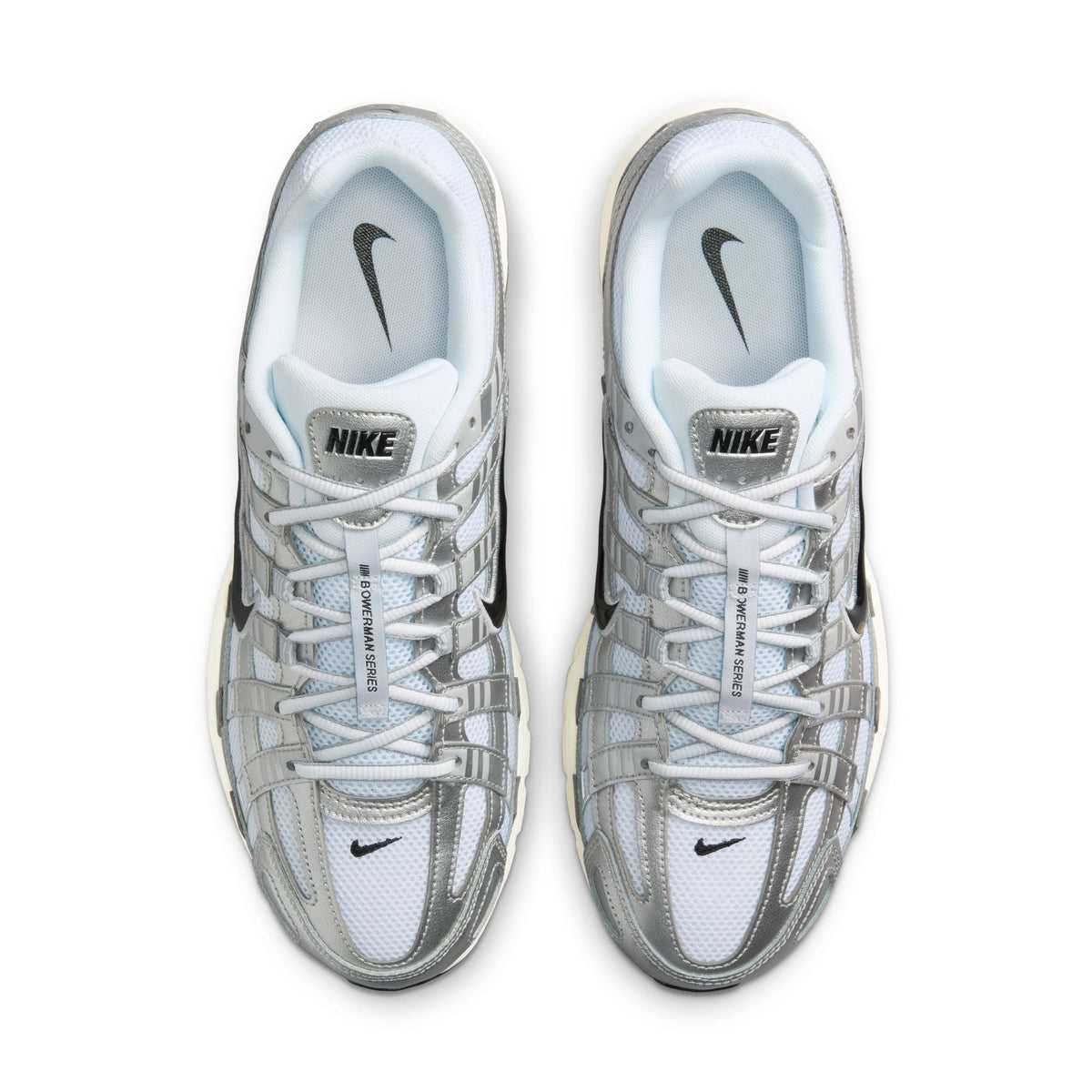 Nike men's P-6000 sneakers in white and metallic silver, side view
