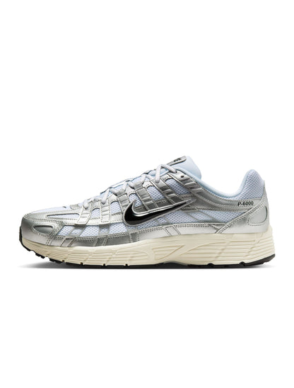 Nike men’s P-6000 footwear in white with metallic silver detailing, side profile sneaker image
