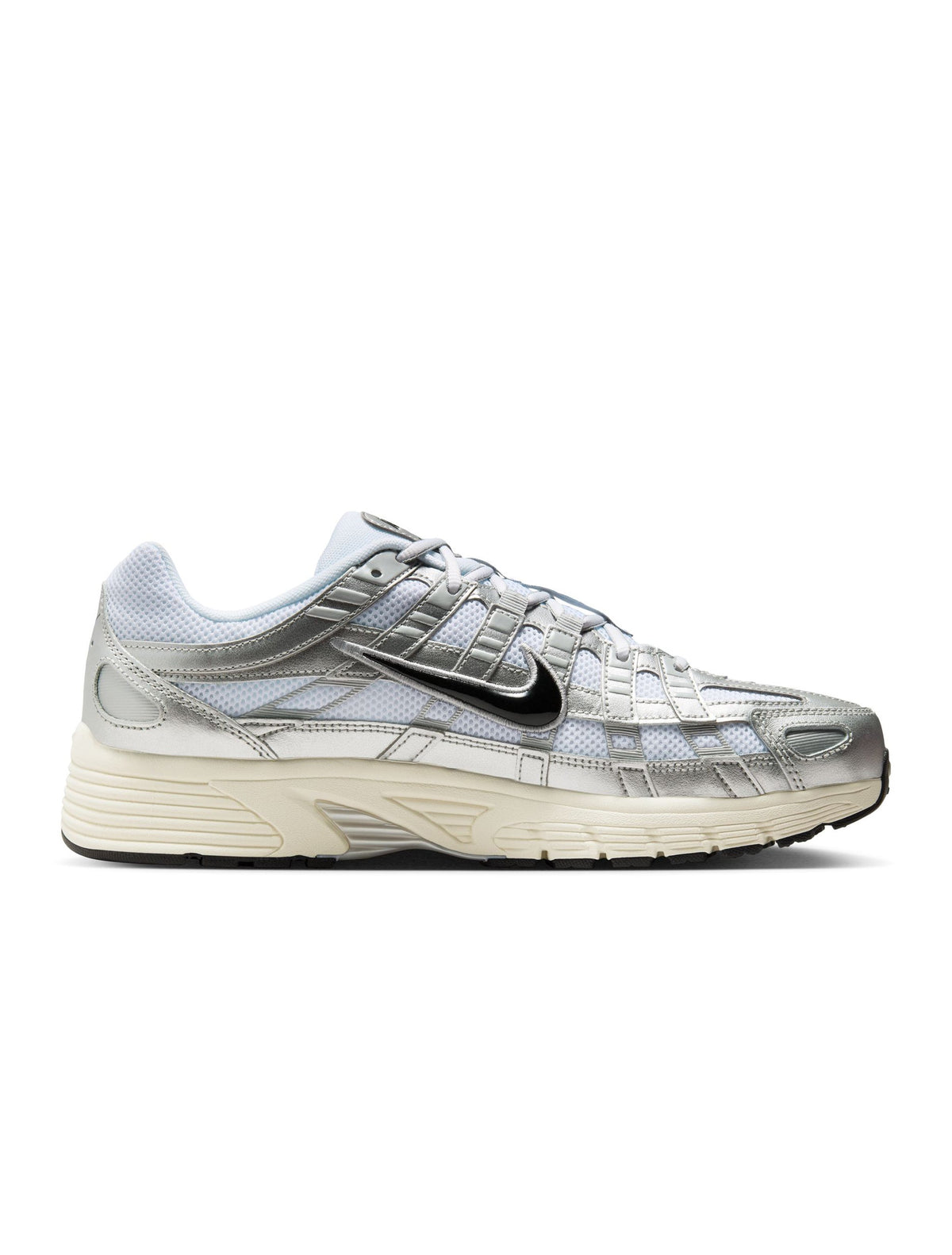 Nike men's P-6000 sneakers in white and metallic silver, side view