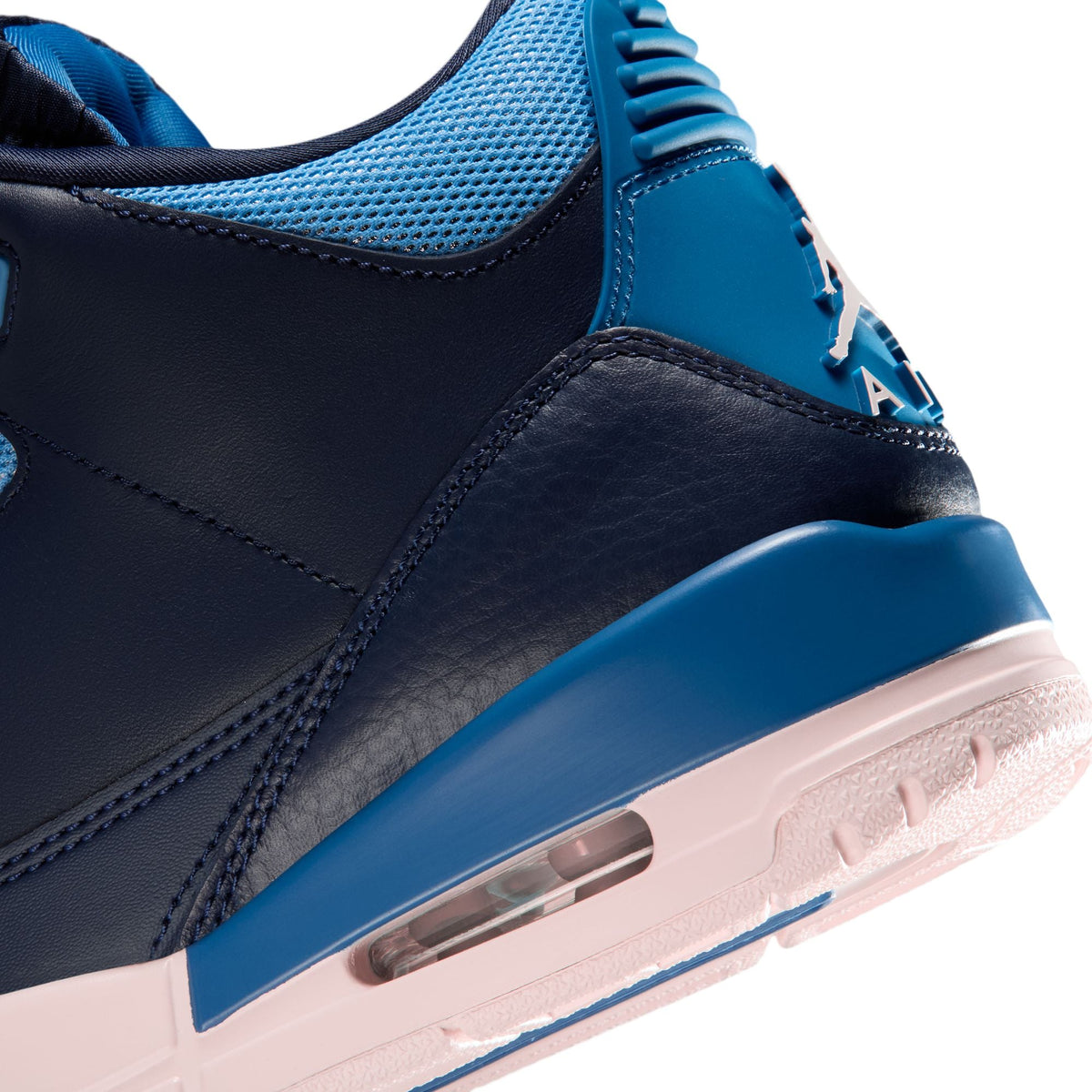 Denim Exchange Air Jordan Women’s 3 Retro Sport Renaissance sneakers in blue and white leather with red accents