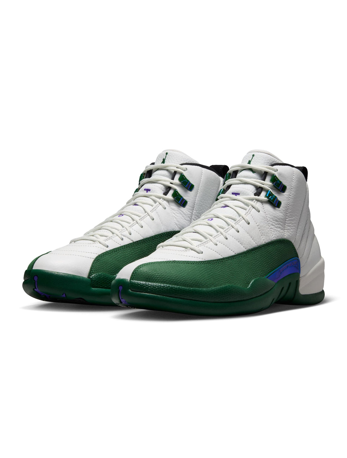 Men's Air Jordan 12 Retro Bucks basketball shoes in red and white leather, displayed on a neutral background.