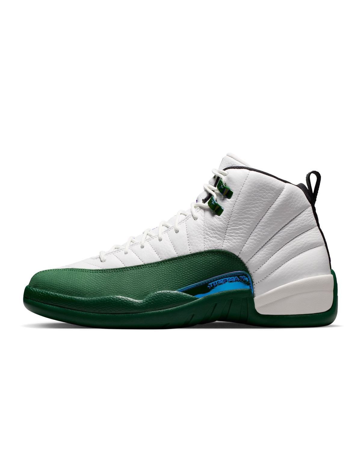 Men's Air Jordan 12 Retro Bucks basketball shoes in red and white, featuring a sleek design and durable leather upper.