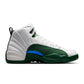 Men's Air Jordan 12 Retro Bucks sneakers in red and white leather, featuring the iconic design and branding.