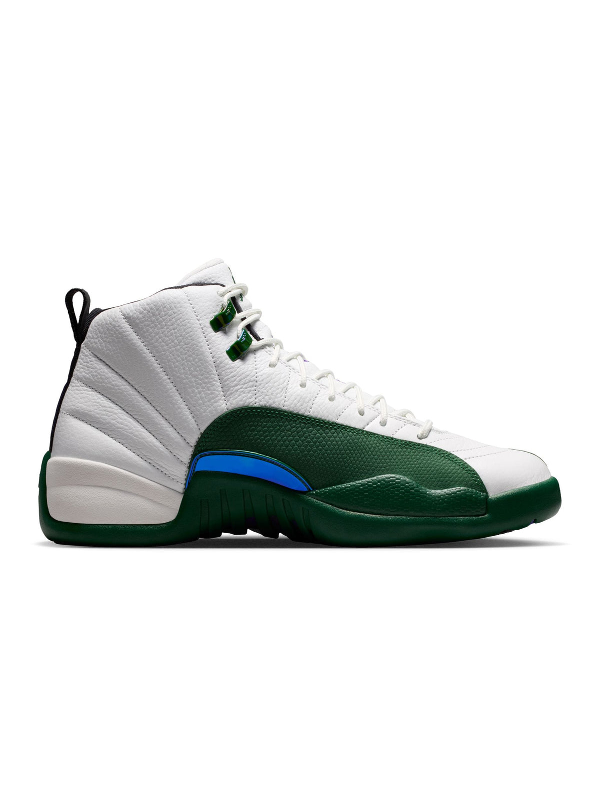 Men's Air Jordan 12 Retro Bucks sneakers in red and white leather, featuring the iconic design and branding.