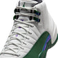 Men's Air Jordan 12 Retro Bucks basketball shoes by Denim Exchange, featuring navy and white leather design with team accents.