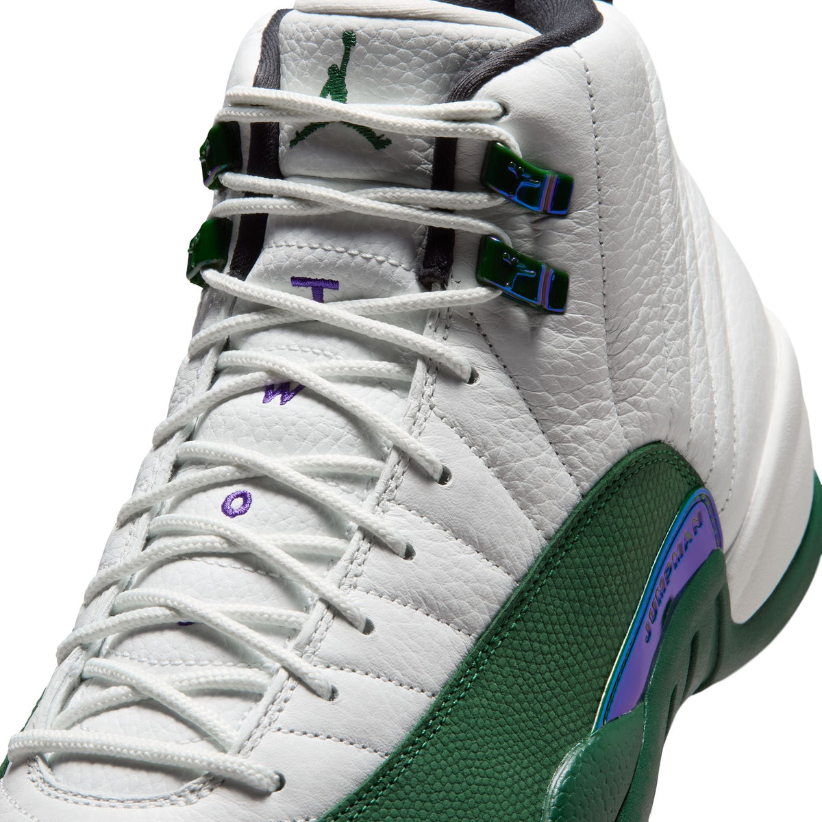 Men's Air Jordan 12 Retro Bucks basketball shoes by Denim Exchange, featuring navy and white leather design with team accents.