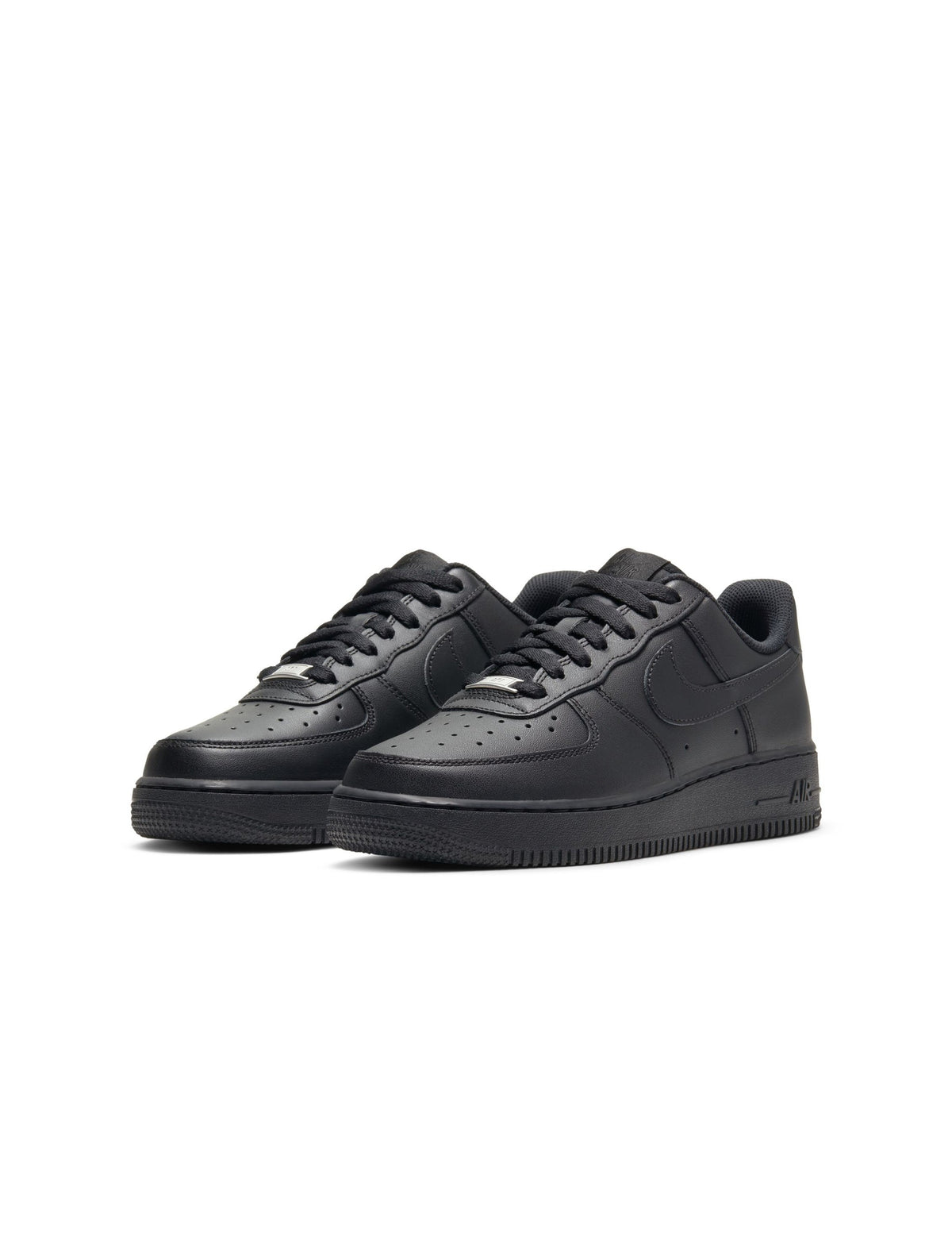 Nike Women's Air Force 1 '07 black and black sneakers, classic style, with white soles, shown from a side angle.