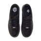 Black Nike Womens Air Force 1 '07 sneakers with white soles, showcased in a close-up shot highlighting the classic design.