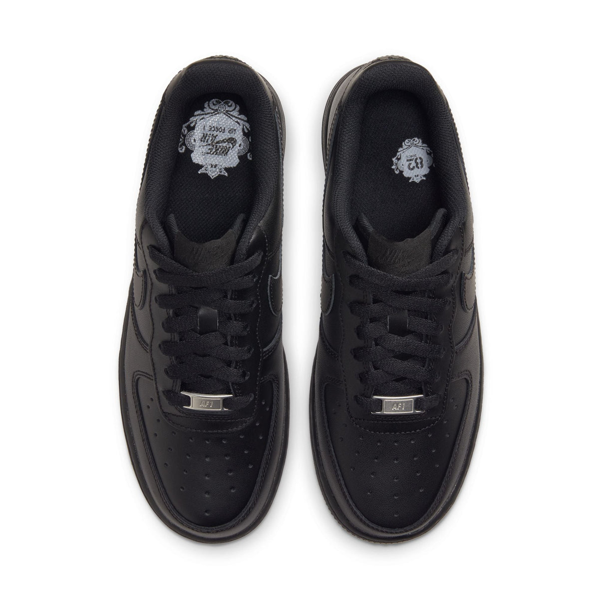 Black Nike Womens Air Force 1 '07 sneakers with white soles, showcased in a close-up shot highlighting the classic design.