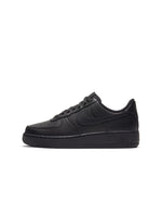 Black Nike Women's Air Force 1 '07 sneakers, classic design, side view showing the stylish black leather footwear.