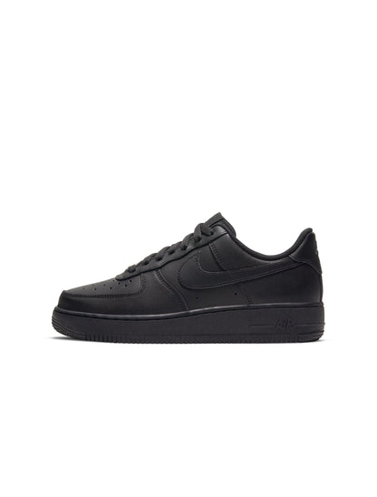 Black Nike Women's Air Force 1 '07 sneakers, classic design, side view showing the stylish black leather footwear.