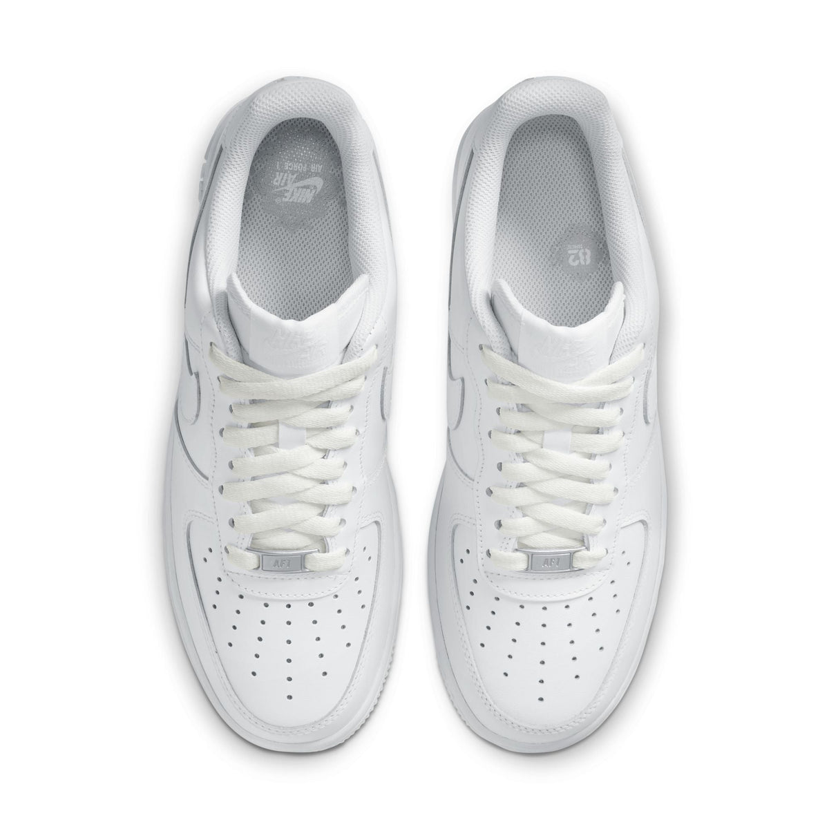Nike Women's Air Force 1 '07 Triple White sneakers, classic white leather footwear for women, displayed on a plain background.