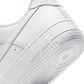 White Nike Women's Air Force 1 '07 sneakers shown from a side angle, highlighting the clean leather design and classic silhouette.
