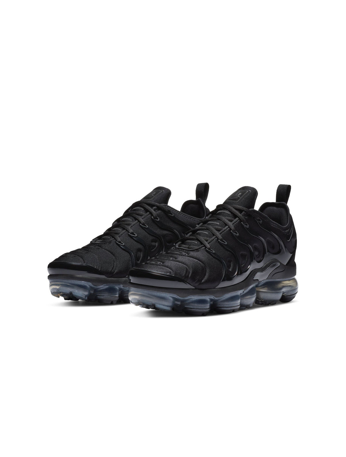 Black and anthracite Nike Women's Air Vapormax Plus sneakers with sleek design and cushioned sole.