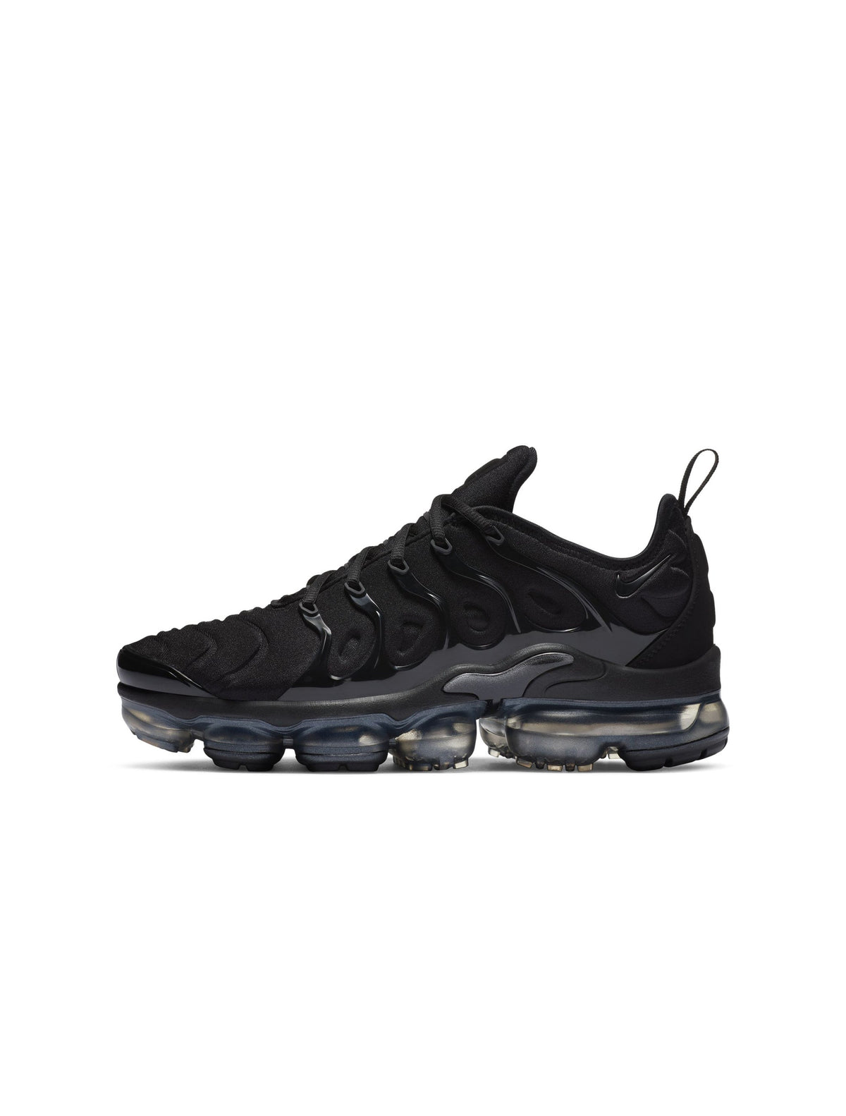 Nike Womens Air Vapormax Plus black-anthracite athletic sneakers for women, featuring a sleek design and breathable mesh in black and gray tones.