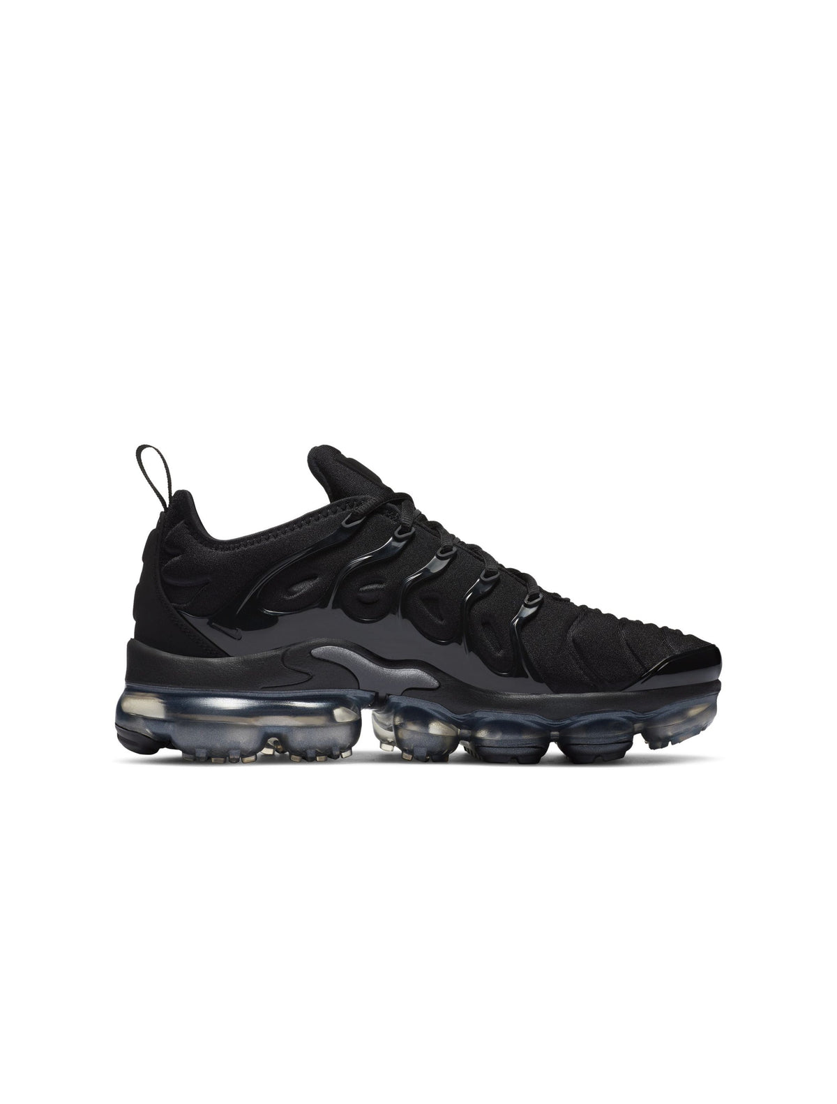Nike Womens Air Vapormax Plus black and anthracite running shoes, showcasing sleek design with breathable mesh uppers and cushioned soles.