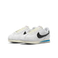 Nike Womens Cortez Leather sneakers in white and black, featuring classic design and leather material, perfect for casual wear.