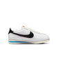 Nike Women's Cortez Leather sneakers in white and black, featuring classic design and white rubber sole.