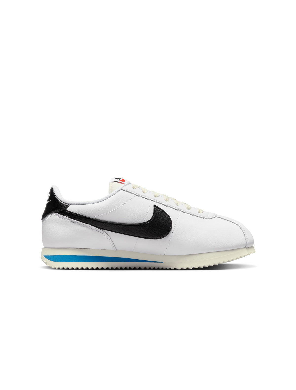 Nike Women's Cortez Leather sneakers in white and black, featuring classic design and white rubber sole.