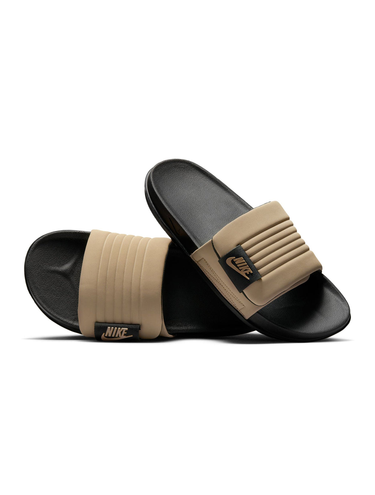 Nike men’s Offcourt Adjust slides in black and khaki with adjustable strap and cushioned sole