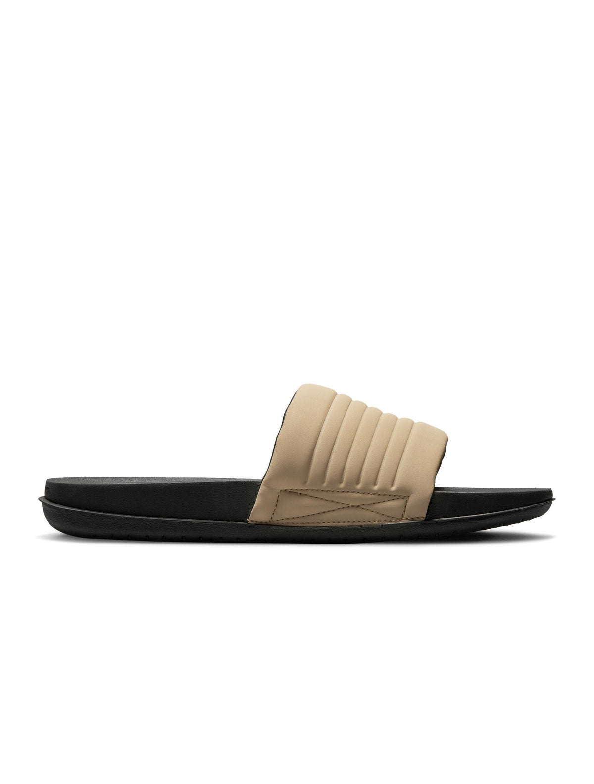 Nike men’s Offcourt Adjust slides in black and khaki with adjustable straps and cushioned footbeds