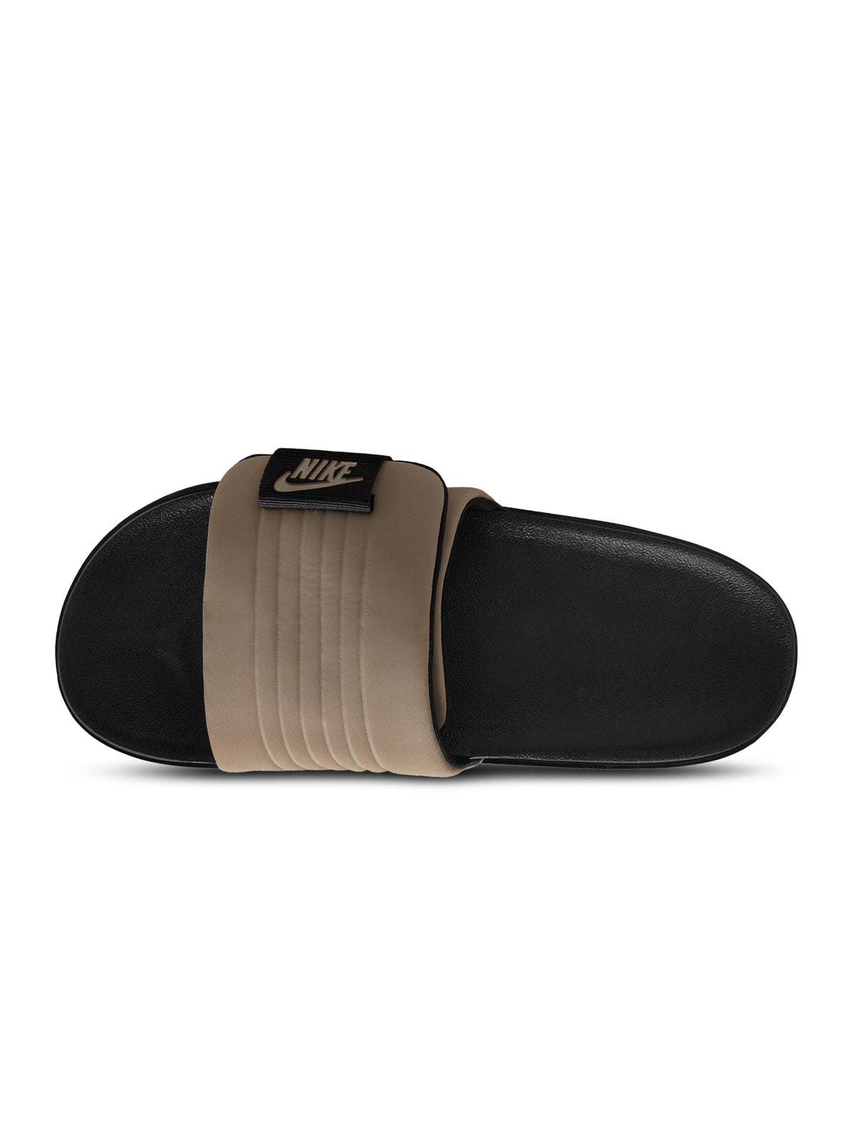 Nike men's Offcourt Adjust Slides in black and khaki, shown from the side.