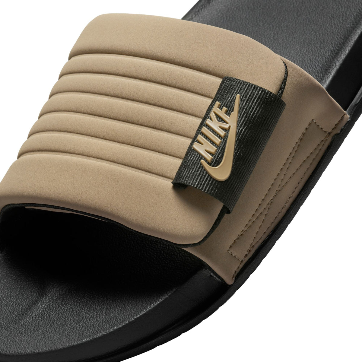 Nike Men's Offcourt Adjust slides in black and khaki with cushioned strap and textured sole
