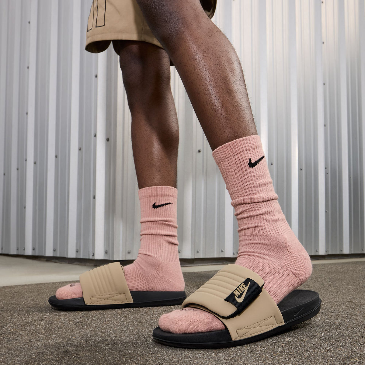 Nike men's Offcourt Adjust slides in black and khaki with adjustable strap
