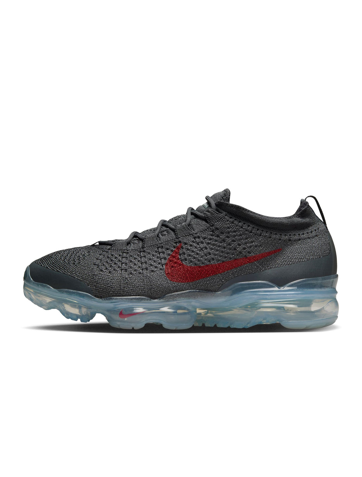 Men's Nike Air Vapormax 2023 Flyknit shoes in dark grey with Gym Red accents