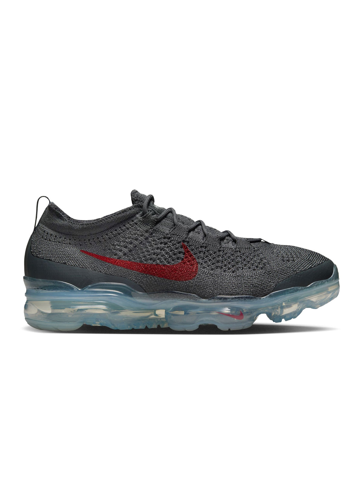 Nike men's Air Vapormax 2023 Flyknit sneakers in dark grey with Gym Red accents