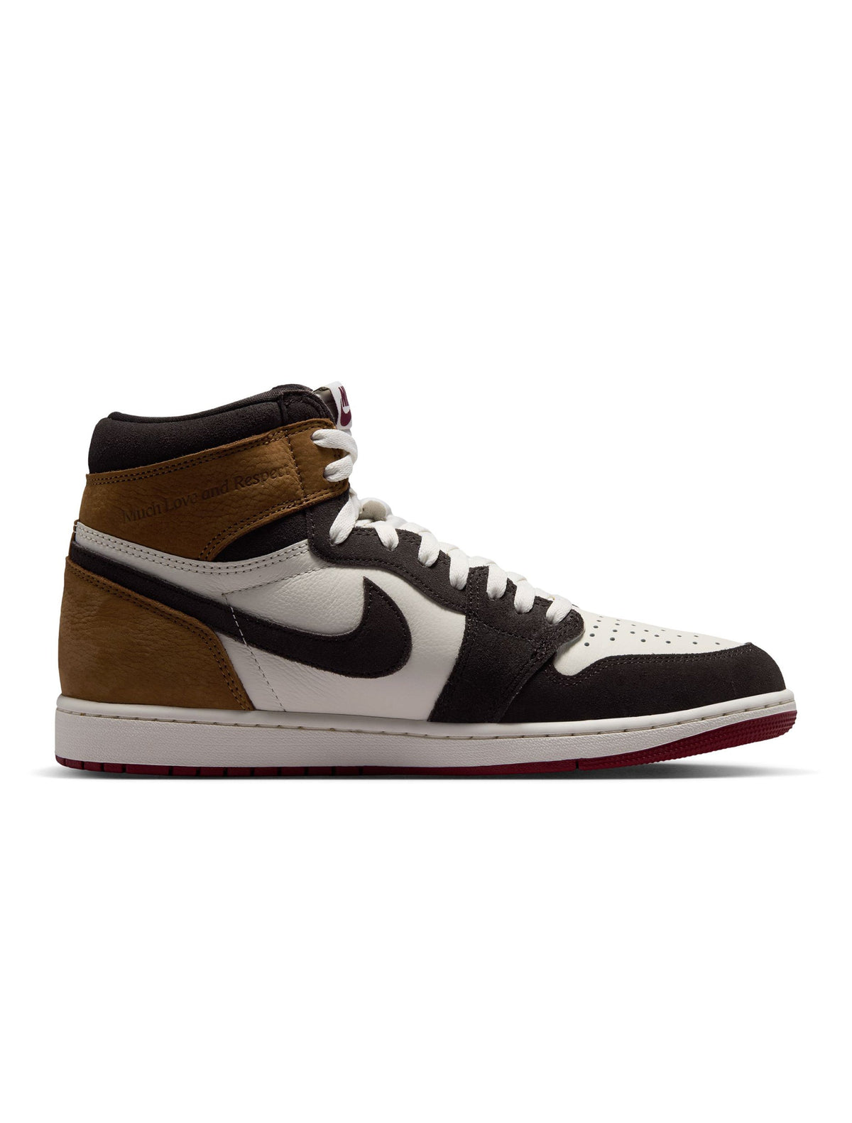 Men's Air Jordan 1 Retro High Love Letter sneaker in red and white leather, featuring Nike swoosh and high-top design.