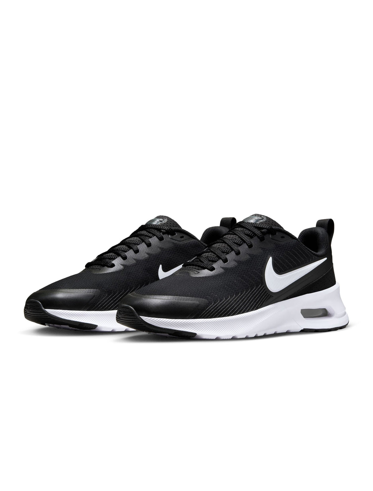 Nike Mens Air Max Nuaxis sneakers in black and white, showcasing breathable mesh and cushioned sole for comfortable footwear.