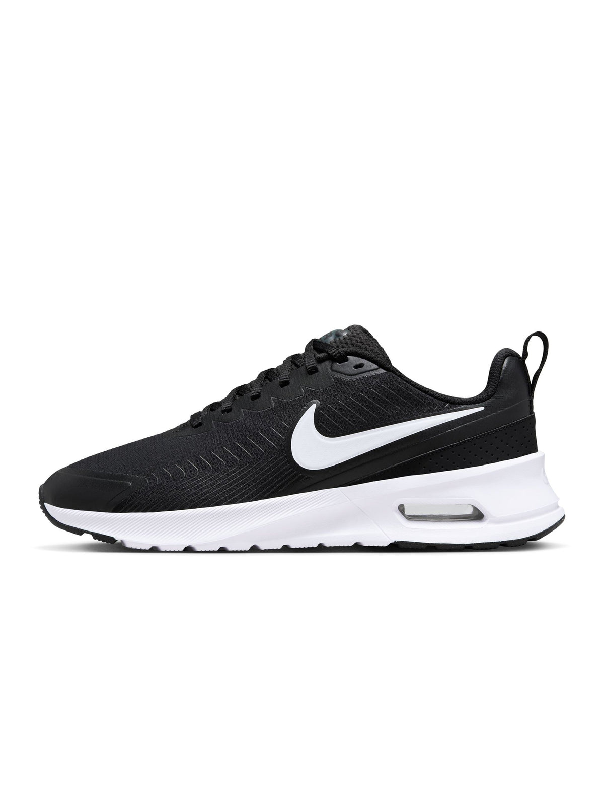 Nike Men's Air Max Nuaxis sneakers in black and white, showcasing a sleek design and cushioned sole for comfortable footwear.