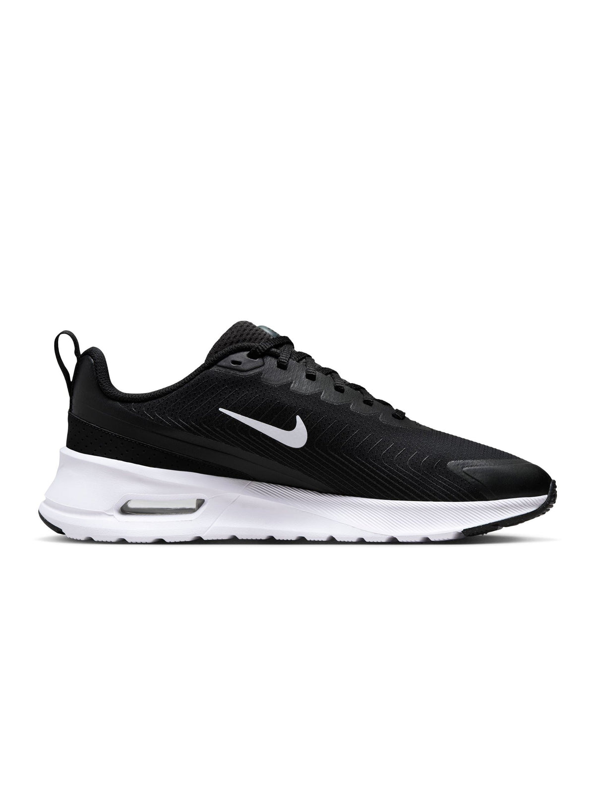 Nike Mens Air Max Nuaxis black and white athletic shoes with breathable mesh and cushioned sole for comfortable everyday wear.