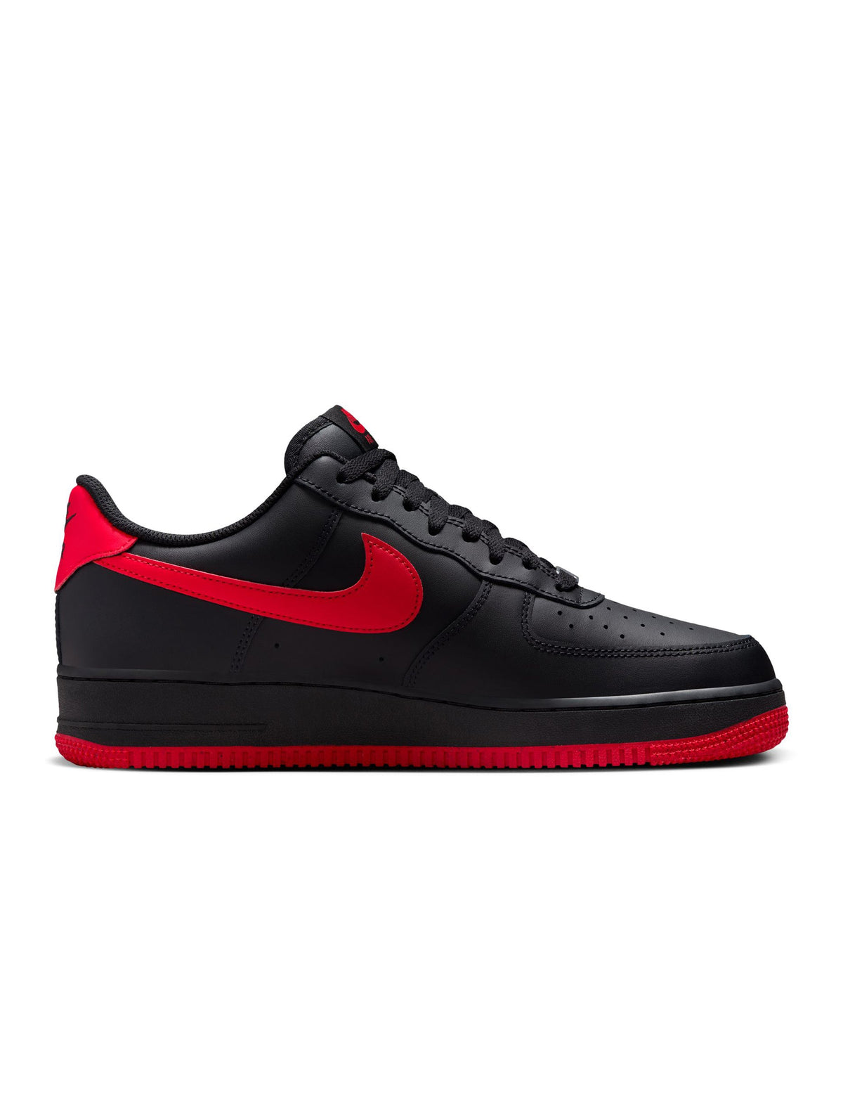 Nike Men's Air Force 1 '07 black and University Red sneakers, side view