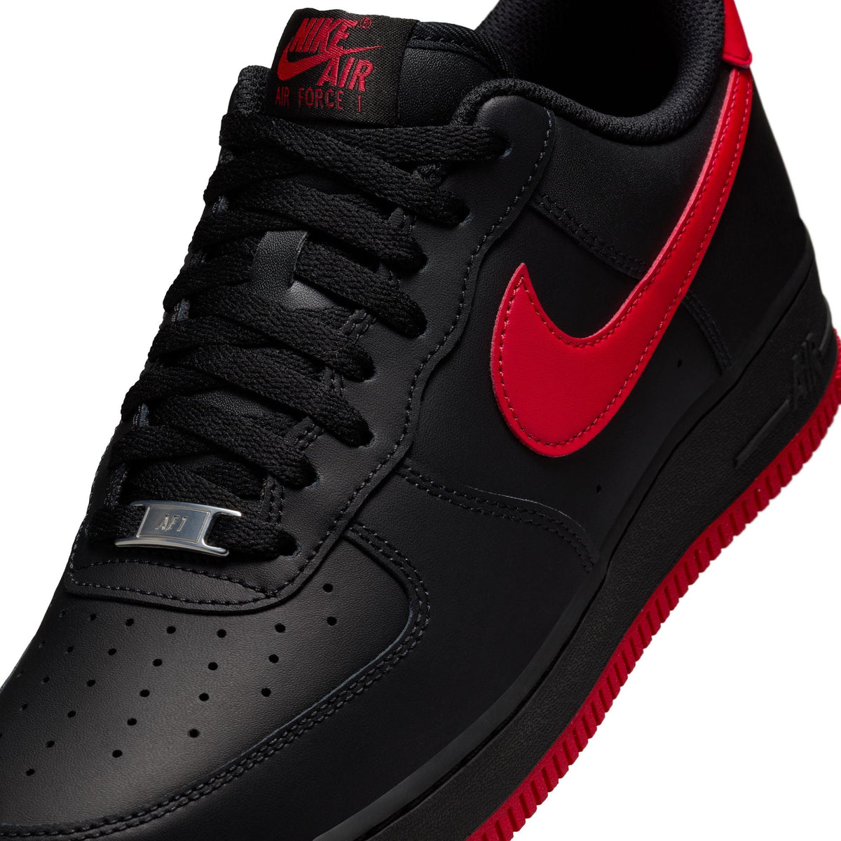 Nike men's Air Force 1 '07 black and University Red sneakers, side view